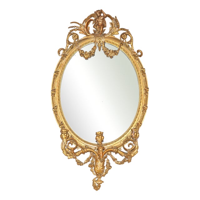 Gold Gilt Frame Pinwheels Mirror with Carved Cherub Putti Angel, 1800s For Sale
