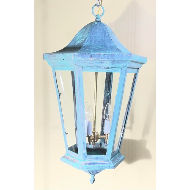 Metal Large Vintage Solid Brass Hexagonal Lantern – Verdigris Patina For Sale - Image 7 of 13