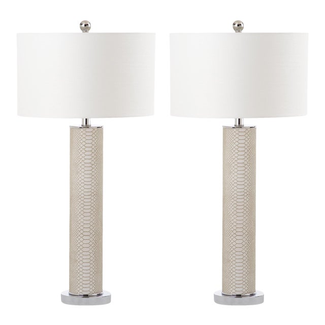 31.5 Inch H Faux Snakeskin Table Lamp in Cream - a Pair For Sale