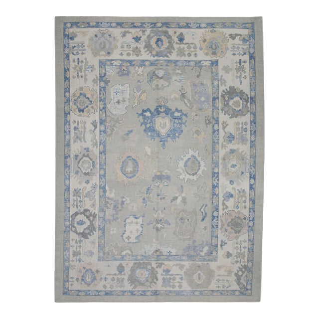 Early 21st Century Green & Blue Floral Design Handwoven Wool Turkish Oushak Rug 9' X 12'3" For Sale
