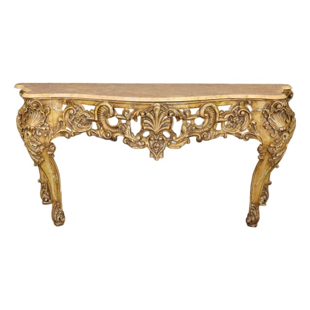 French Louis XV Style Carved Walnut Giltwood Console Table With Marble Top For Sale