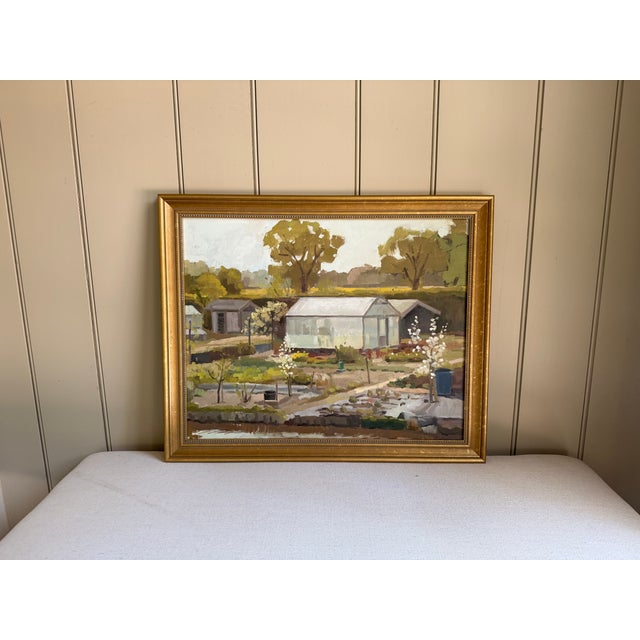 This painting is a beautiful scene of a garden with a glass greenhouse set in the middle of them. I love the details of...