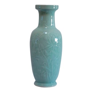 Late 20th Century Celadon Green Baluster Vase With Flowers and Foliage Design For Sale