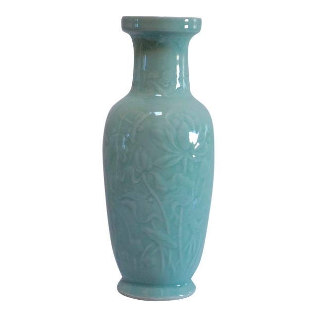 Late 20th Century Celadon Green Baluster Vase With Flowers and Foliage Design For Sale