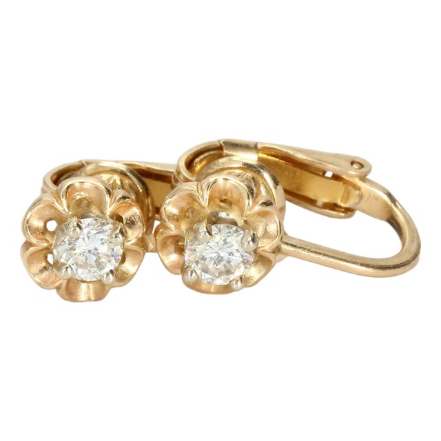 14k Yg Floral Shaped Dia Earrings, A Pair For Sale