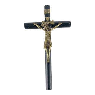 Vintage Brass Black Wood Crucifix French Cross Jesus Christ Gothic Wall Hanging For Sale