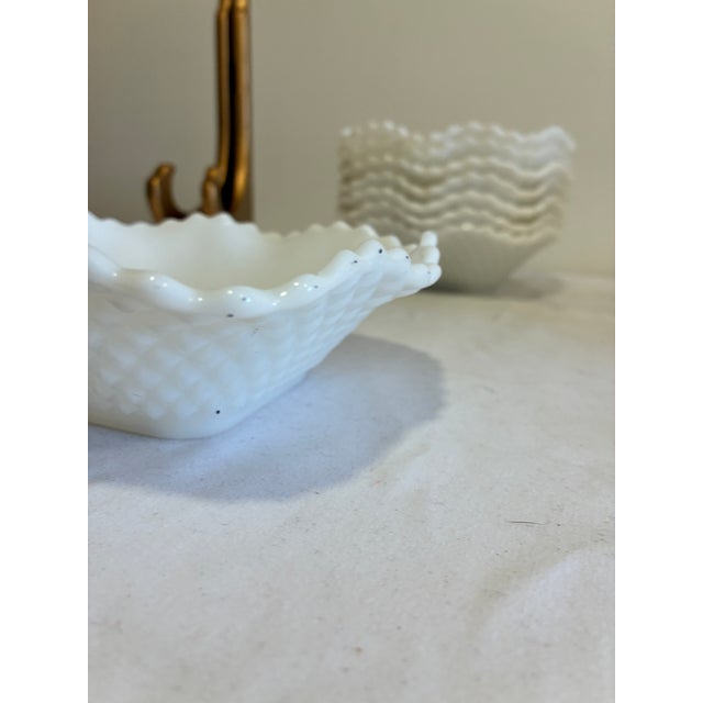 White Vintage Milk Glass Ruffled Bowls With Quilted Diamond Pattern, Set of 8 For Sale - Image 8 of 10