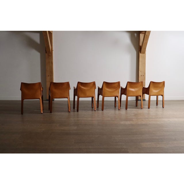 CAB Dining Armchairs with in Cognac Leather by Mario Bellini for Cassina, Italy, 1970s, Set of 6 For Sale - Image 11 of 16