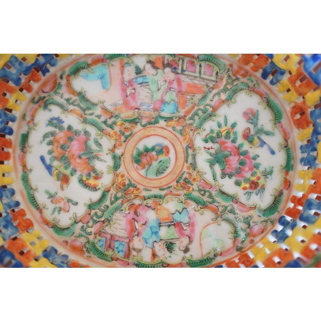 Early 21st Century Chinese Canton Famille Rose Reticulated Basket Bowl With Floral and Figural Decoration For Sale - Image 5 of 12