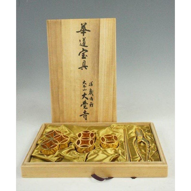 Japanese 24k Gold Plated Bonsai Ikebana Gardening Metal Scissors Kenzan Wood Box Tea Ceremony For Sale - Image 14 of 14