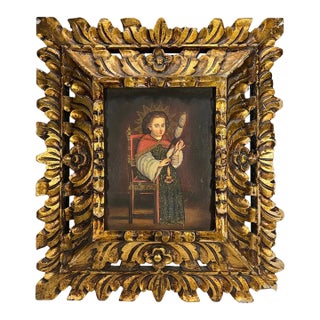 Antique Peruvian Colonial School Religious Portrait in Carved Giltwood Frame For Sale