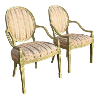 Pair of French Louis XVI Style Painted Celadon and Cream Oval Back Fauteuil Armchairs With Floral Stripe Upholstery, Mid 20th Century For Sale