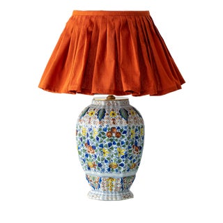 Antique Polychrome Table Lamp with Silk Lampshade, 1890s For Sale