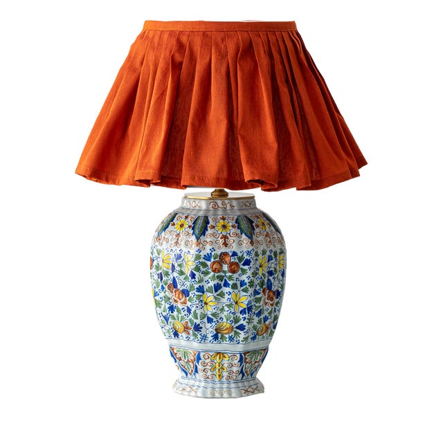 Antique Polychrome Table Lamp with Silk Lampshade, 1890s For Sale