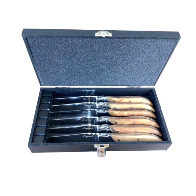 Laguiole Olivewood Steak Knives in Case Set of 6 Knives, Made in
