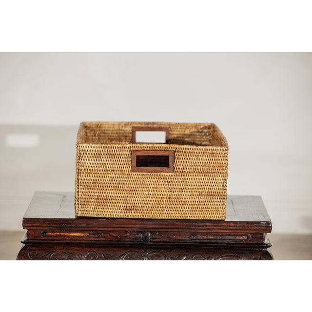 Brown Vintage Rectangular Handwoven Rattan Basket with Wooden Side Handles For Sale - Image 8 of 18