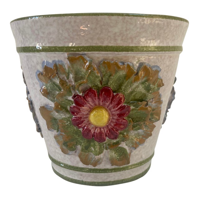 1970s Large Vintage Palm Beach Style Majolica Italian Hand-Painted Floral Planter For Sale