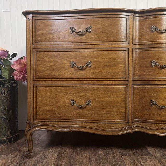 Wood French Provincial Vintage Drexel Bordeaux 9-Drawer Serpentine Lowboy Dresser For Sale - Image 7 of 14