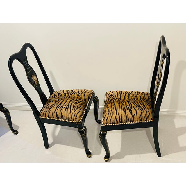 Gorgeous Regency Mid 20th Century Set of 4 Dining Chairs Black Lacquer TigerBrocade For Sale - Image 4 of 14