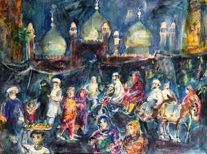 "Lahore" Contemporary Expressionist Night Figurative Scene Watercolor and Pastel Painting by Robert Macdonald