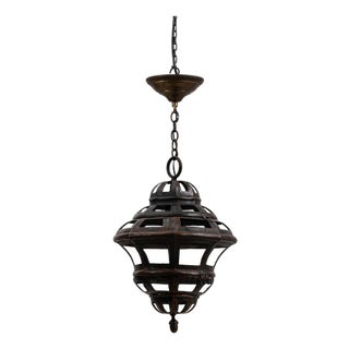1900s French Copper Pendant Lantern With Openwork Dome Design For Sale