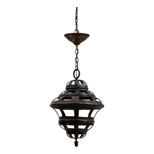 1900s French Copper Pendant Lantern With Openwork Dome Design For Sale