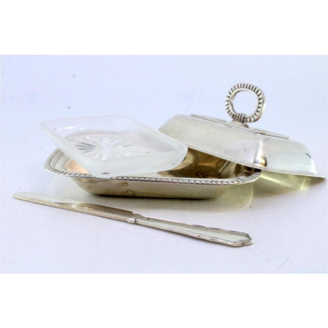 Silver and Glass Butter Dish with Embossed Trim, Lid with Knob and Knife For Sale - Image 4 of 5