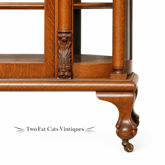 Tan Antique 1900 American Oak Triple Curved Glass China Cabinet | Carved Lion Head & Claw Foot | Bow- Front China Cabinet For Sale - Image 8 of 12