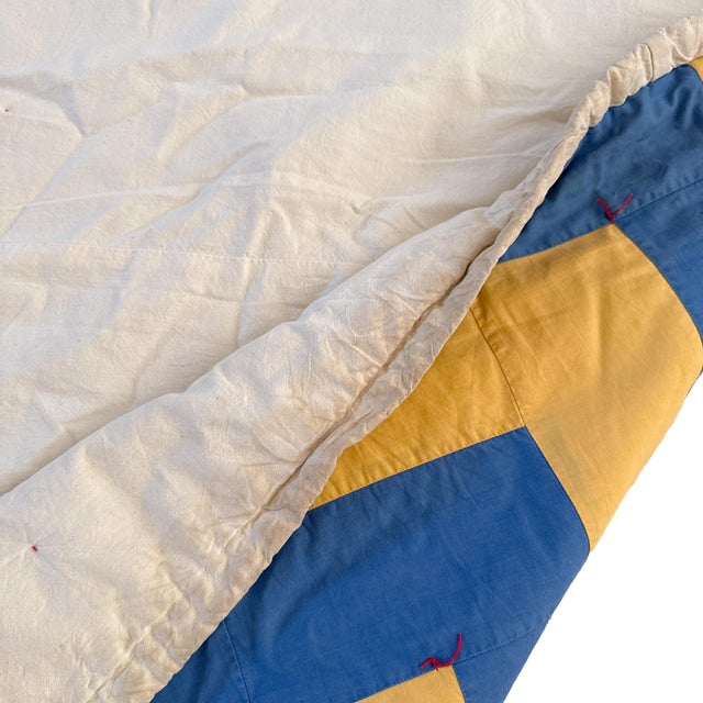 Vintage 1940s Streak of Lightning Cotton Quilt - Blue and Yellow Staircase Geometric Stepped Pattern - 77" X 57" For Sale - Image 15 of 18