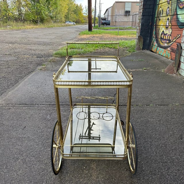 Brass Maison Jansen Style Two Tiered Brass Bar Cart Hollywood Regency For Sale - Image 8 of 12