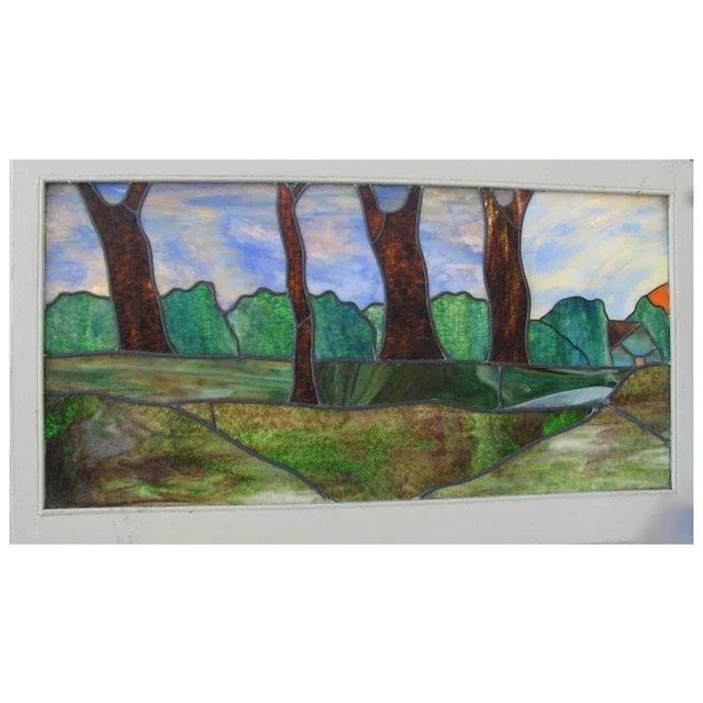 Scenic Stained Glass Window with Trees and House in fabulous original condition. 24 1/2" by 43"
