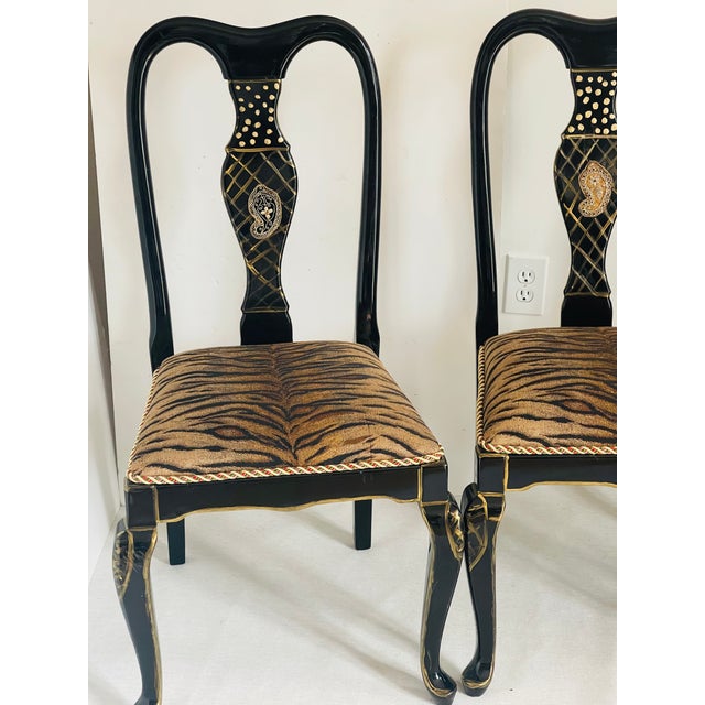Gorgeous Mackenzie Childs Style 4 Chairs Black Lacquer TigerBrocade For Sale - Image 11 of 11