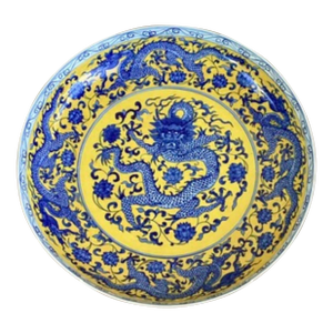 20th Century Chinese Blue & Yellow Dragon Porcelain Charger – 15” Decorative Plate