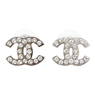 Chanel Classic Silver CC Crystal Medium Piercing Earrings - 2 Pieces For Sale