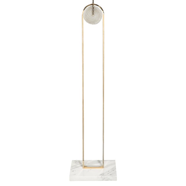 Mid-Century Brass Arch Floor Lamp W/ Textured Glass Medallion & White Marble For Sale - Image 4 of 13