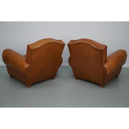 French Cognac Moustache Back Leather Club Chairs, 1950s, Set of 2 For Sale - Image 16 of 18