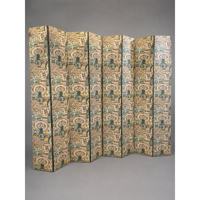 Monumental Chinoiserie Decorated Four-Panel Upholstered Floor Screen (2 Avail) For Sale - Image 4 of 8