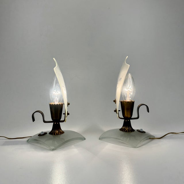 Gold Small Italian Frosted Engraved Glass Bedside Lamps, 1940s, Set of 2 For Sale - Image 8 of 10