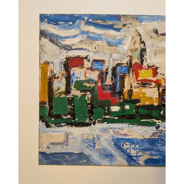 A dynamic Mid-Century Modern abstract cityscape depicting the Midtown Manhattan skyline viewed across the East River,...