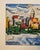 A dynamic Mid-Century Modern abstract cityscape depicting the Midtown Manhattan skyline viewed across the East River,...