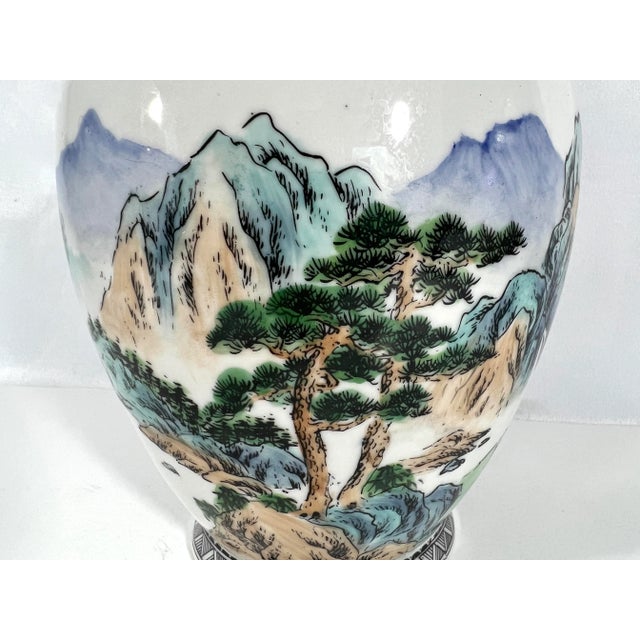 Metal Vintage Chinese White Porcelain Vase With Traditional Hand Painted Mountain & Lake Landscape Scenes For Sale - Image 7 of 8