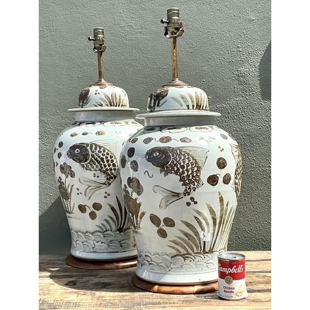 Off-white Vintage Monumental Glazed Ceramic Koi Lamps - A Pair For Sale - Image 8 of 12