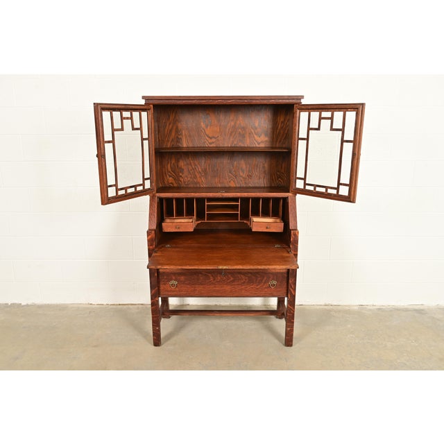 Early 20th Century Stickley Brothers Style Antique Mission Oak Arts & Crafts Secretary Desk With Bookcase Hutch, Circa 1910 For Sale - Image 5 of 14