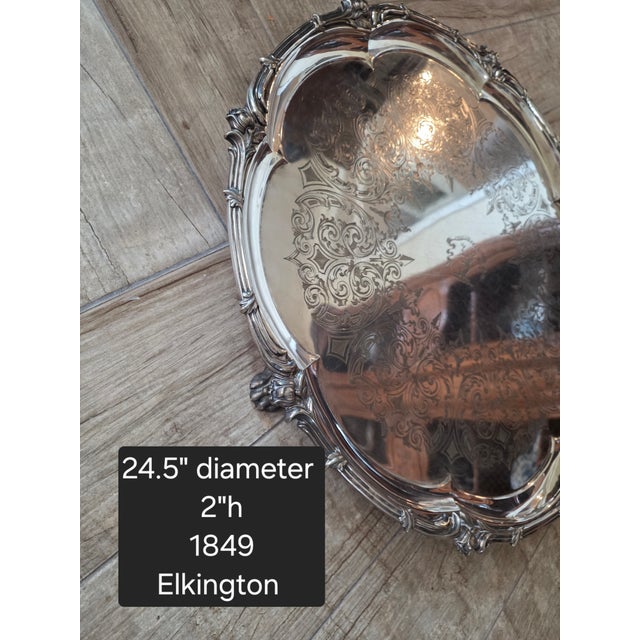 Stunning large 24" English Silverplated Tray from 1849. This has an engraved section in the center which translates to...