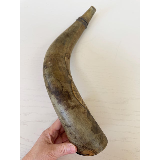 American Antique July 1851 Scrimshaw Powder Horn 14" Engraved Sailing Boats, Hunting Dog & Rifle, Flying Birds Compass and Hearts Marked N.Newell For Sale - Image 3 of 10