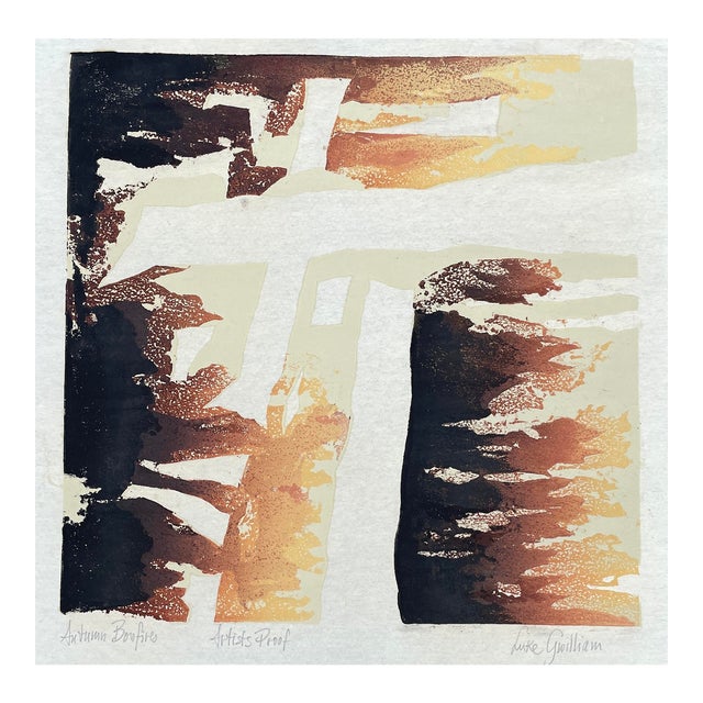 Luke Gwilliam Autumn Bonfires Modern Woodcut For Sale