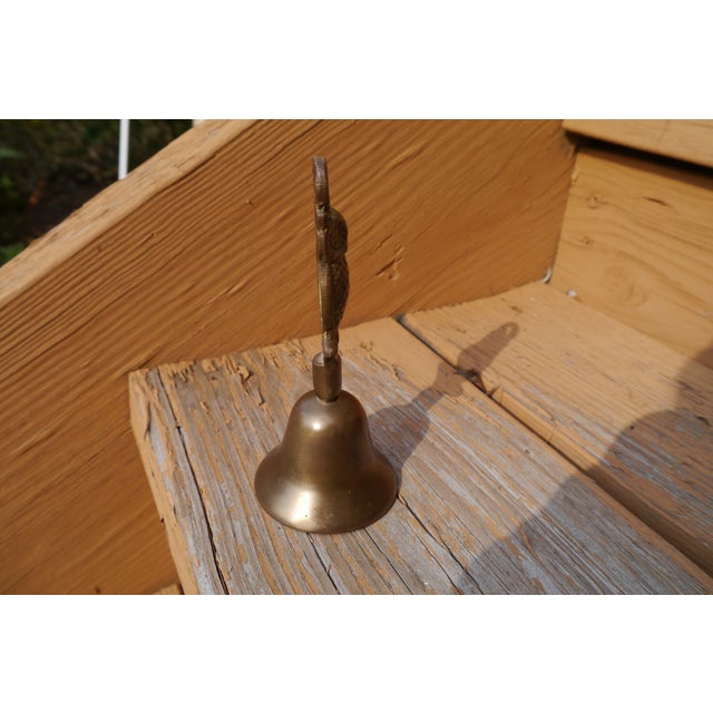 Vtg Heavy Solid Brass School Bell w Embossed Figural OWL Shape Handle Wear consistent w age. See patina and specific...