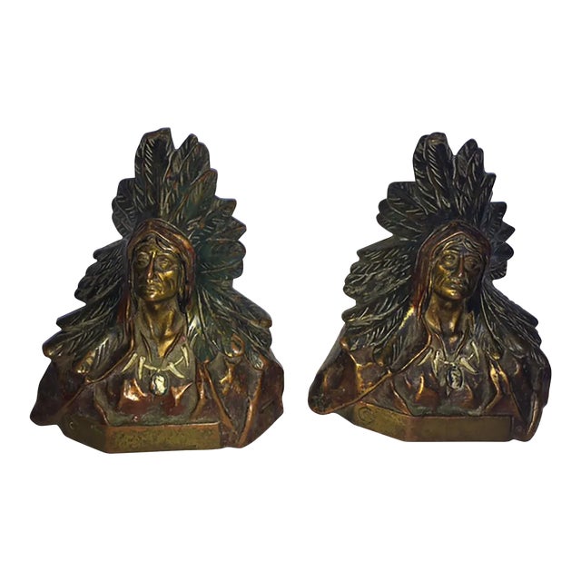 19th Century North American Indian Bronze Chiefs Signed Bookends - a Pair For Sale