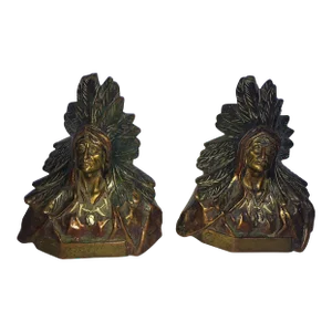 19th Century North American Indian Bronze Chiefs Signed Bookends - a Pair