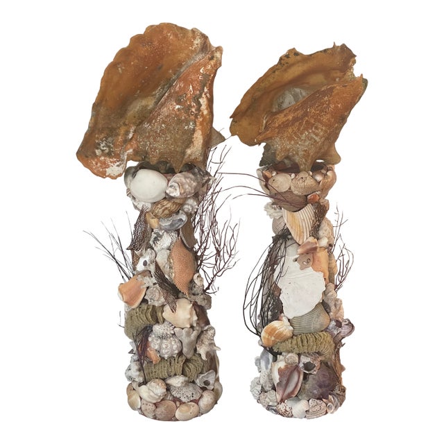 Antique Grotto Sea Shell Candlesticks With Antique Bahamas Conch Shells For Sale